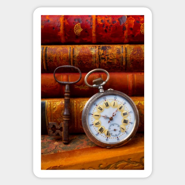 Classic Pocketwatch With old Books And Skeleton Key Sticker by photogarry